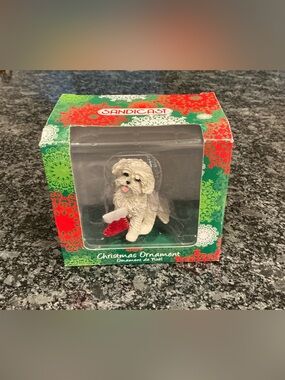 Sandicast Holiday Bichon Frise Puppy Ornament with Red Stocking